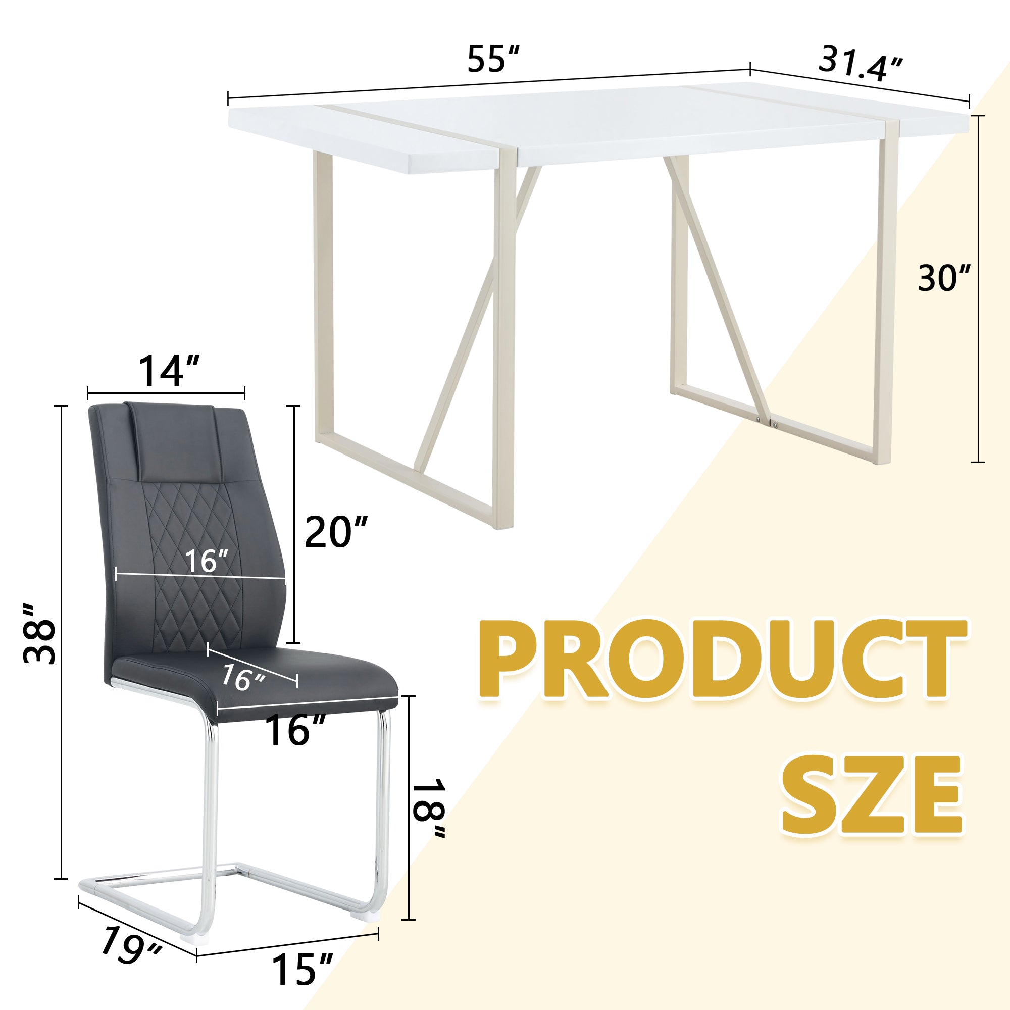 55" Cream-Style White MDF Dining Table Set with 6 Black PU Chairs & Silver Metal Legs - Modern Kitchen Furniture for Family Meals, Seats 6, Durable & Easy Assembly