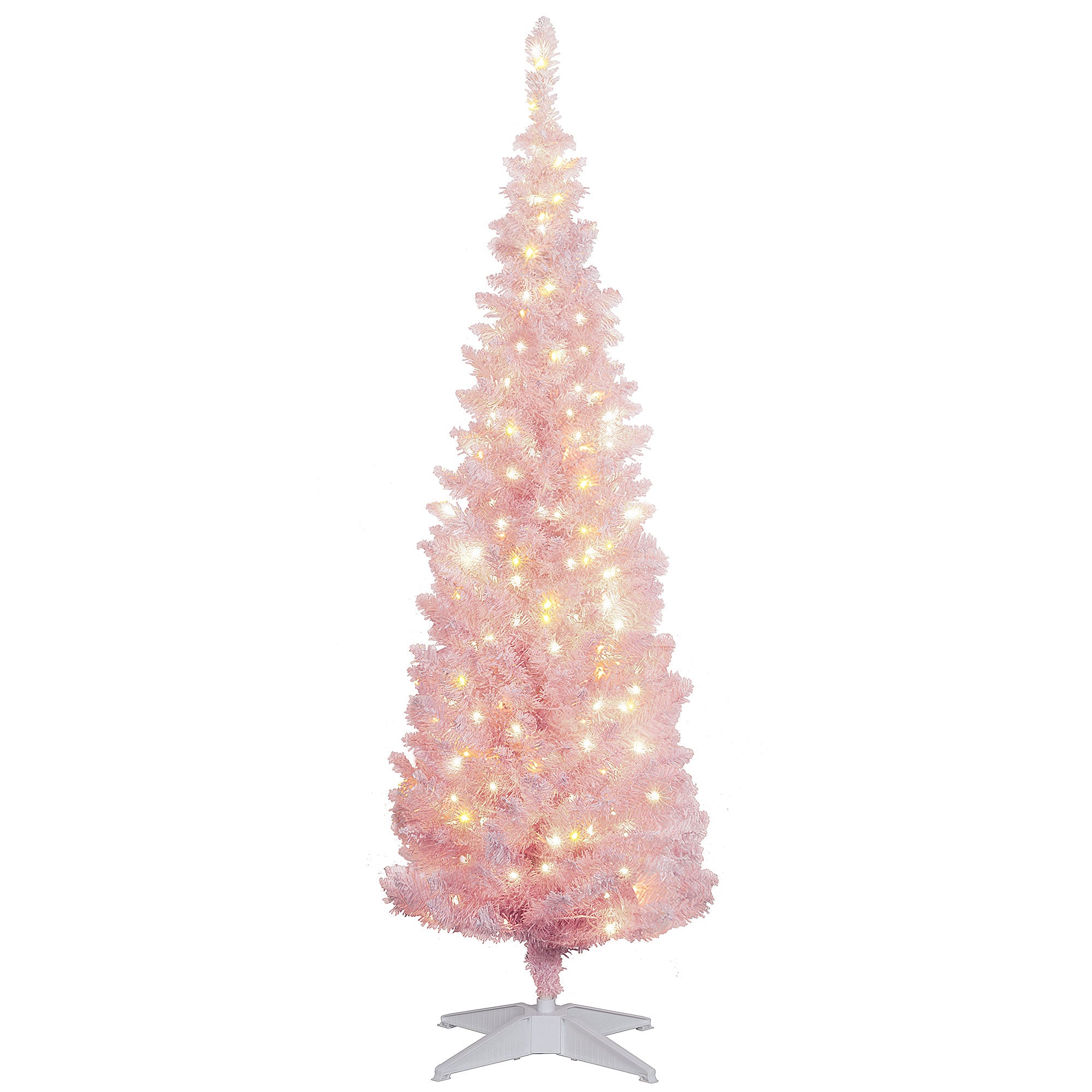 Pink 5ft Flocked Pencil Christmas Tree with Warm White LED Lights | Slim, Snow-Dusted Artificial Xmas Tree for Small Spaces, Living Room, Fireplace Decor | Easy Setup, Flame Retardant