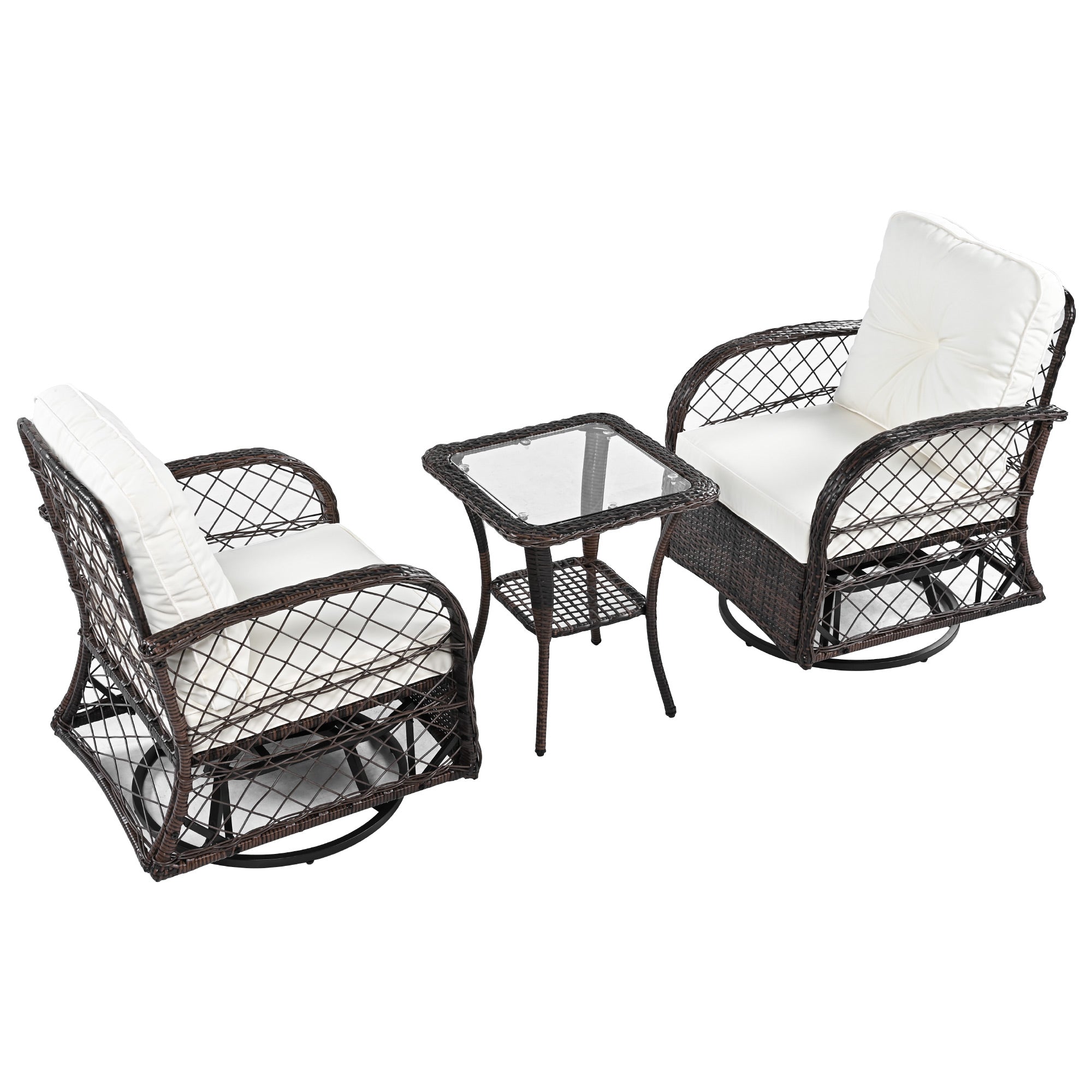 3-Piece Brown Rattan Outdoor Chat Set: 2 Swivel Rocker Chairs &amp; Glass Top Table for Garden Patio Balcony, Weather-Resistant Wicker Seating Group with Cushions