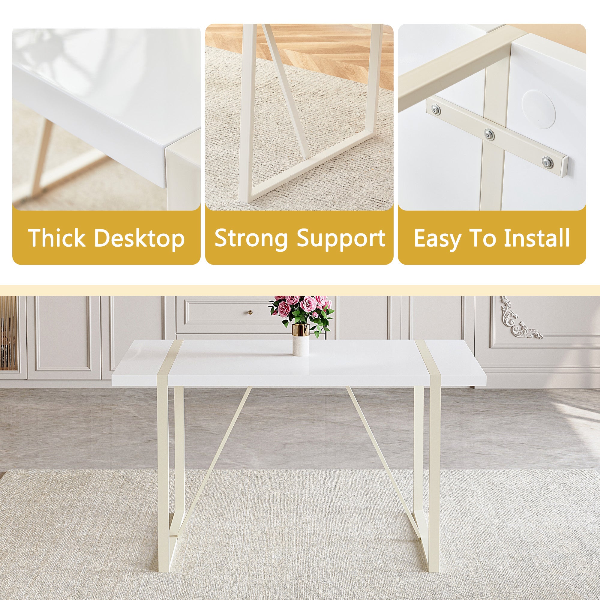 55" Cream-Style White MDF Dining Table Set with 6 Black PU Chairs & Silver Metal Legs - Modern Kitchen Furniture for Family Meals, Seats 6, Durable & Easy Assembly