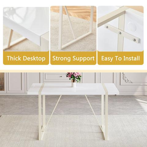 55" Cream-Style White MDF Dining Table Set with 6 Black PU Chairs & Silver Metal Legs - Modern Kitchen Furniture for Family Meals, Seats 6, Durable & Easy Assembly