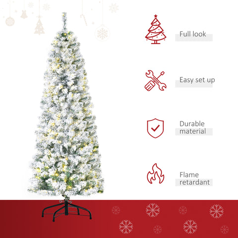 HOMCOM 6ft Snow-Flocked Slim Douglas Fir Artificial Christmas Tree, 250 LED Warm White Lights, 462 Realistic PVC Tips, Sturdy Steel Base, Easy Assembly for Indoor Holiday Decor