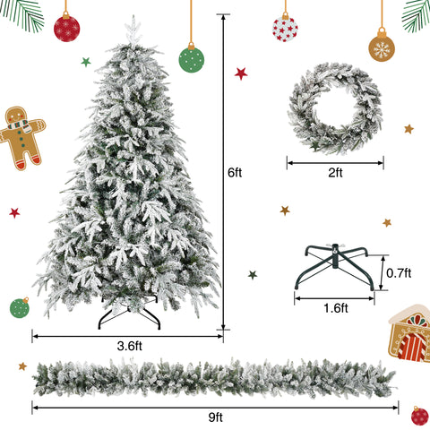 Snow Flocked Christmas Wreath, Garland & 6ft Tree 3-Pack Decor Set | Warm White LED Lights | 900-Tip PVC/PE Tree | Indoor/Covered Outdoor Use | Festive Winter Wonderland Ambiance