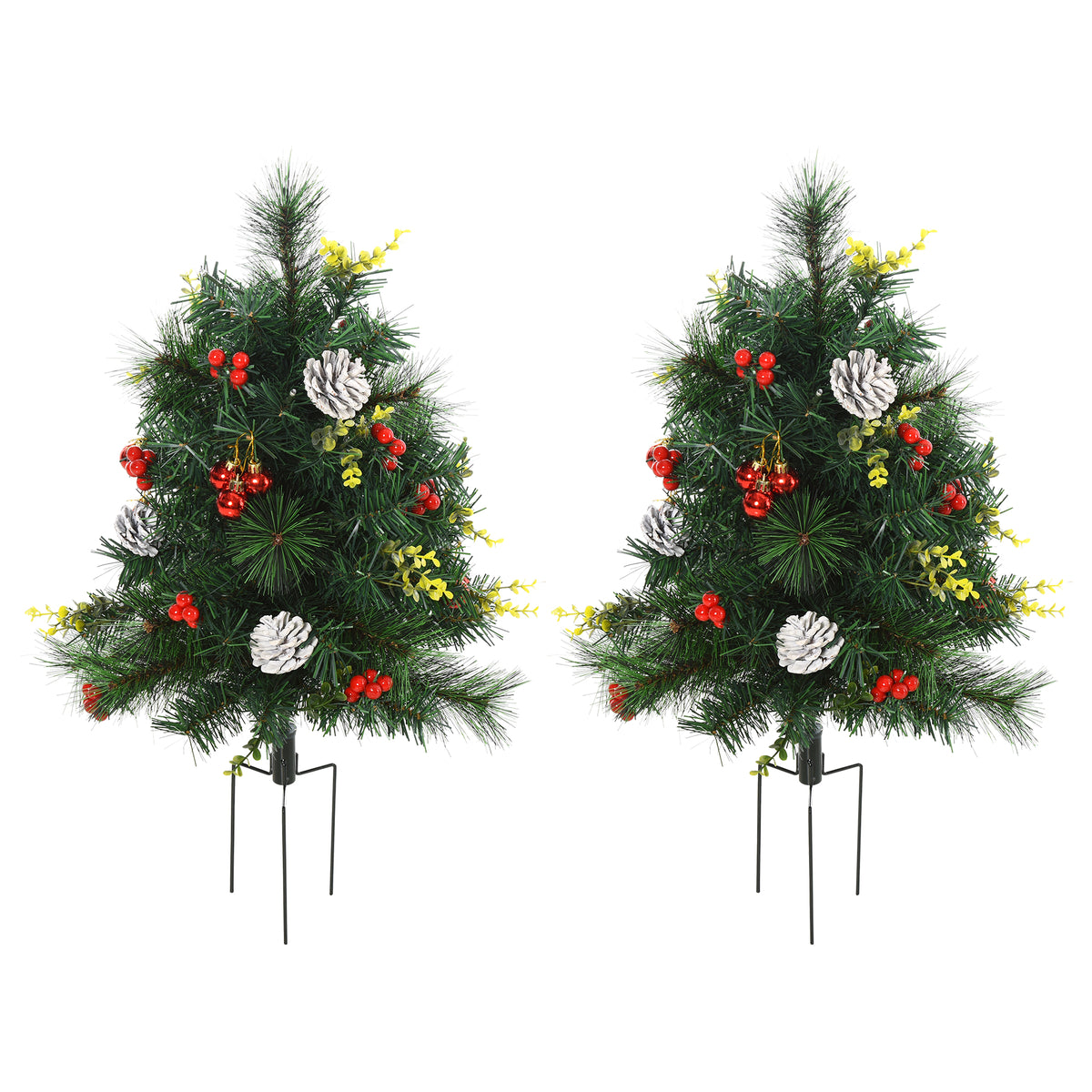 HOMCOM 2-Pack 22.5" Outdoor Pre-Lit Artificial Pine Christmas Trees, Cordless Warm White Lights, Berries &amp; Pinecones, Green Plastic, for Driveway/Front Door Decor