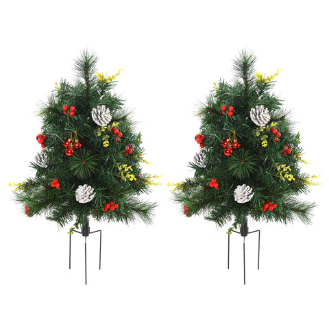 HOMCOM 2-Pack 22.5" Outdoor Pre-Lit Artificial Pine Christmas Trees, Cordless Warm White Lights, Berries &amp; Pinecones, Green Plastic, for Driveway/Front Door Decor