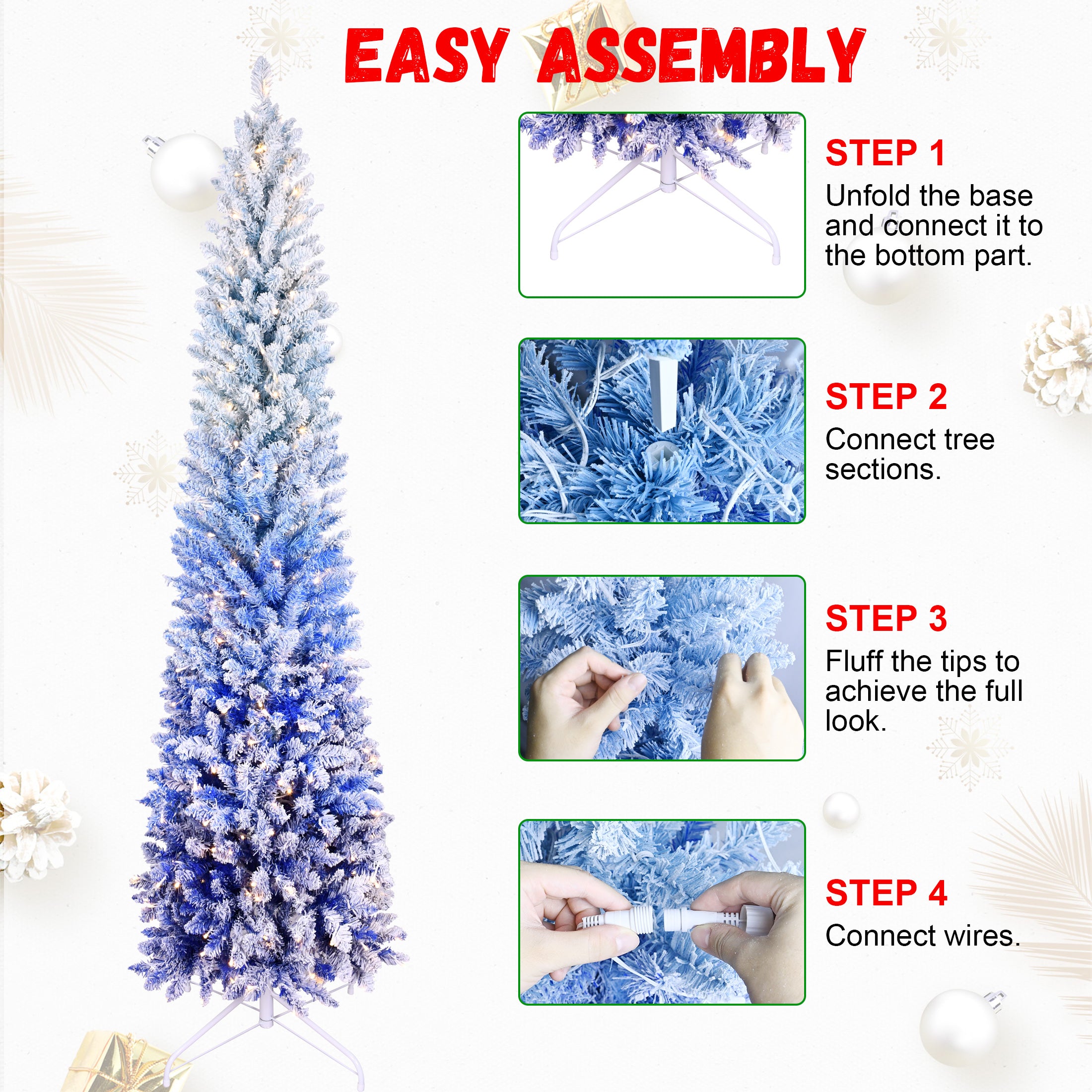 6FT Blue Gradient Flocked Pencil Christmas Tree - 200 Warm White LED Lights, 485 Tips, Hinged Branches, Slim Design, Metal Stand for Festive Home & Office Holiday Decor
