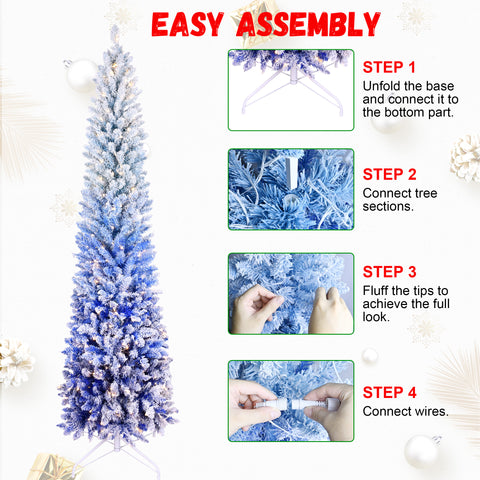 6FT Blue Gradient Flocked Pencil Christmas Tree - 200 Warm White LED Lights, 485 Tips, Hinged Branches, Slim Design, Metal Stand for Festive Home & Office Holiday Decor