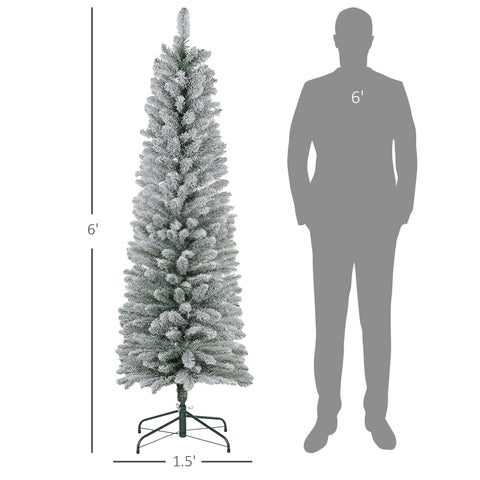 HOMCOM 6ft Snow Flocked Pencil Christmas Tree, Realistic Artificial Xmas Tree with 329 Tips &amp; Metal Base, Space-Saving Green Plastic Tree for Indoor Festive Decor