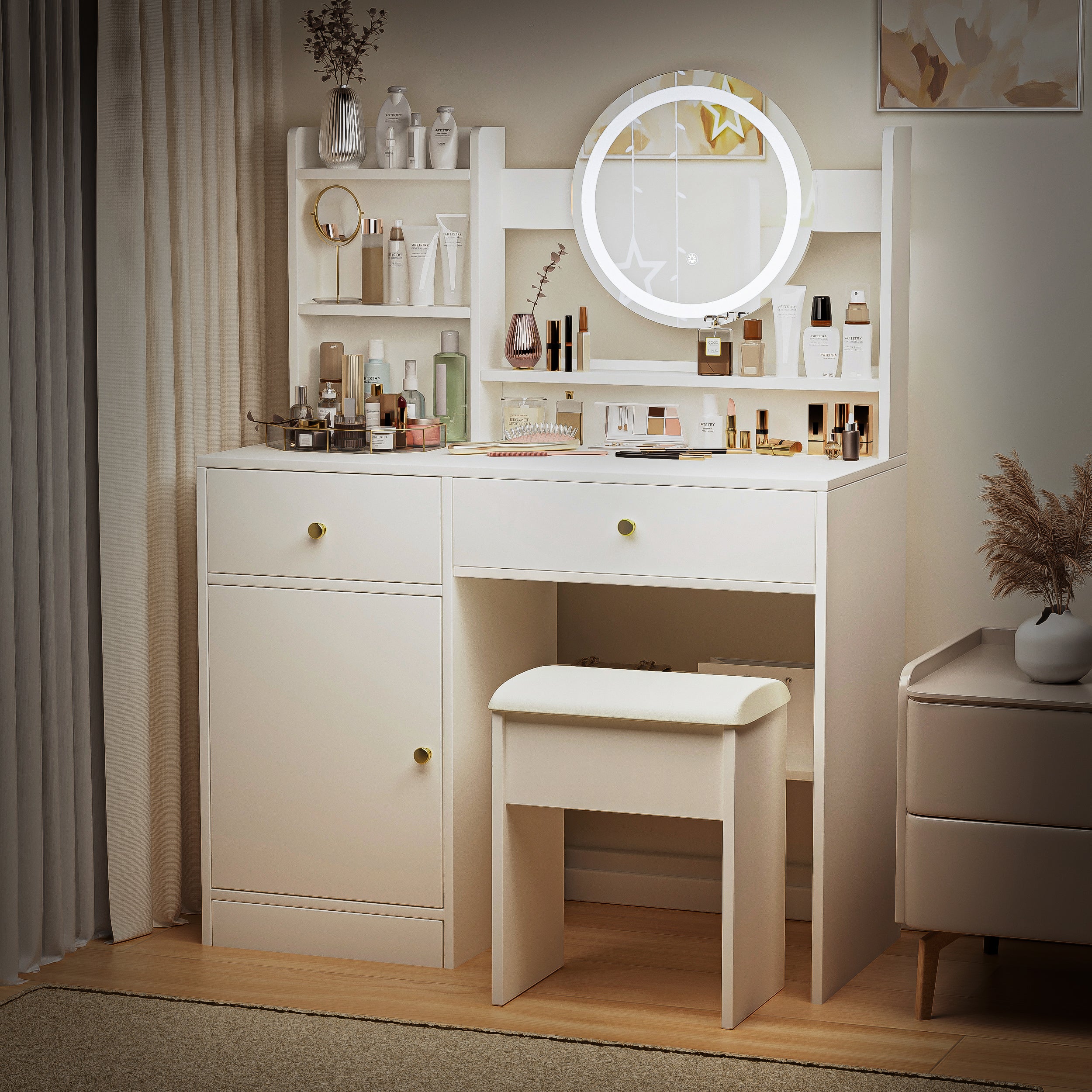 Fashion White Vanity Desk with Mirror & Lights, 3 Color Lighting, Adjustable Brightness, 2 Drawers, Storage Shelves, Cushioned Chair Included, MDF, 35.4" W, Bedroom & Makeup Use