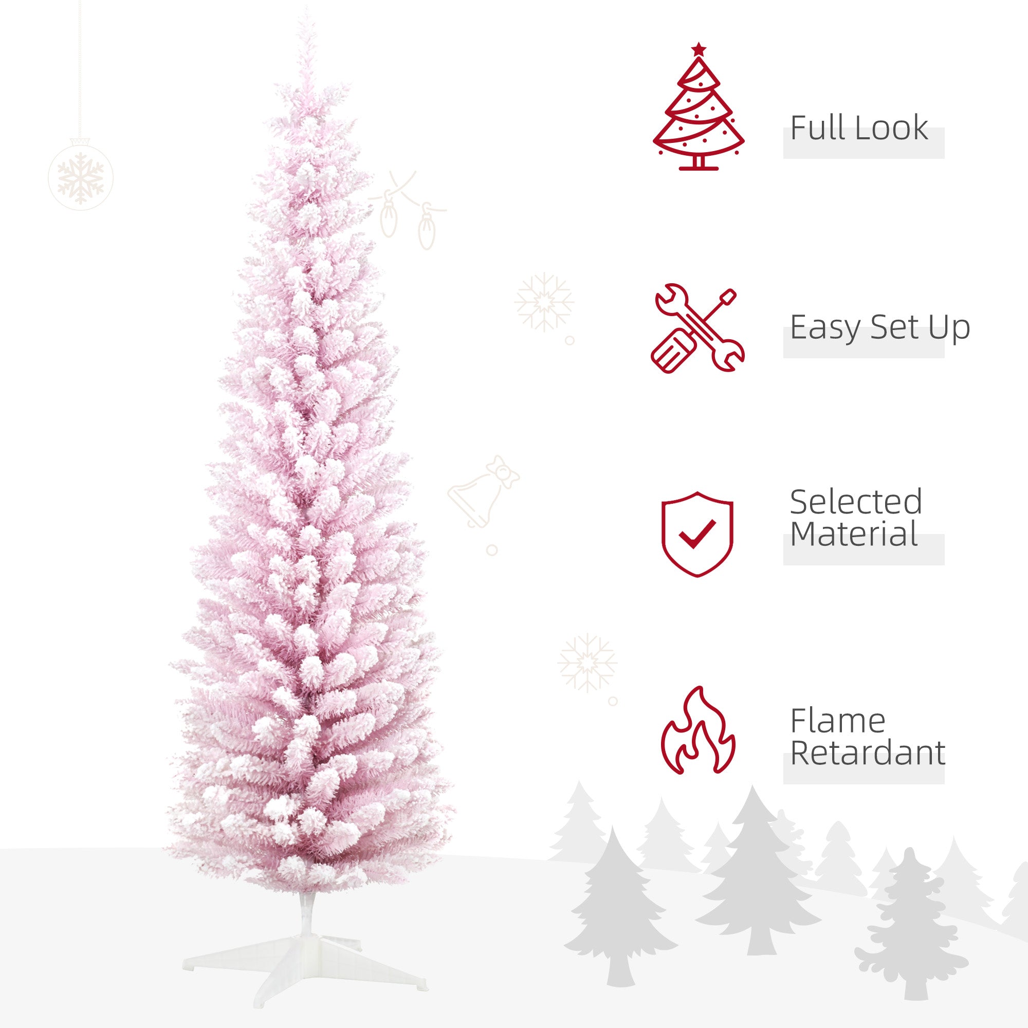 HOMCOM 6ft Pink Snow Flocked Artificial Pencil Christmas Tree - Slim, Realistic Plastic Branches, Flame-Retardant, Easy Assembly &amp; Storage for Festive Indoor Decor