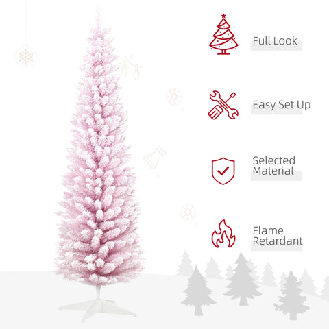 HOMCOM 6ft Pink Snow Flocked Artificial Pencil Christmas Tree - Slim, Realistic Plastic Branches, Flame-Retardant, Easy Assembly &amp; Storage for Festive Indoor Decor