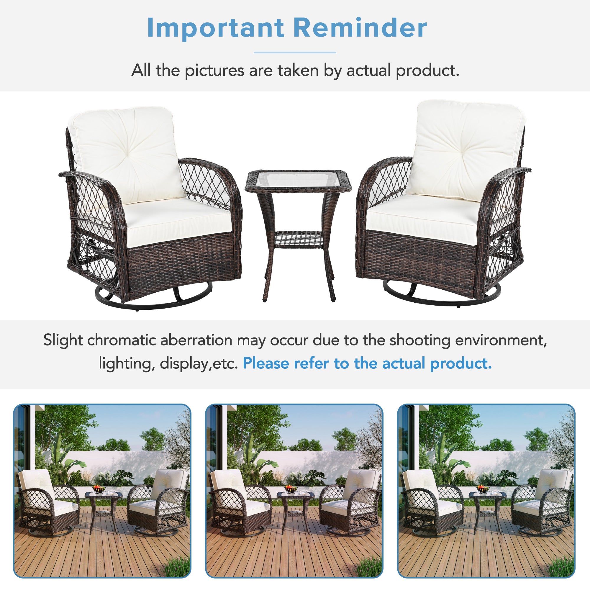 3-Piece Brown Rattan Outdoor Chat Set: 2 Swivel Rocker Chairs &amp; Glass Top Table for Garden Patio Balcony, Weather-Resistant Wicker Seating Group with Cushions