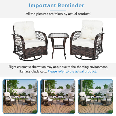 3-Piece Brown Rattan Outdoor Chat Set: 2 Swivel Rocker Chairs &amp; Glass Top Table for Garden Patio Balcony, Weather-Resistant Wicker Seating Group with Cushions
