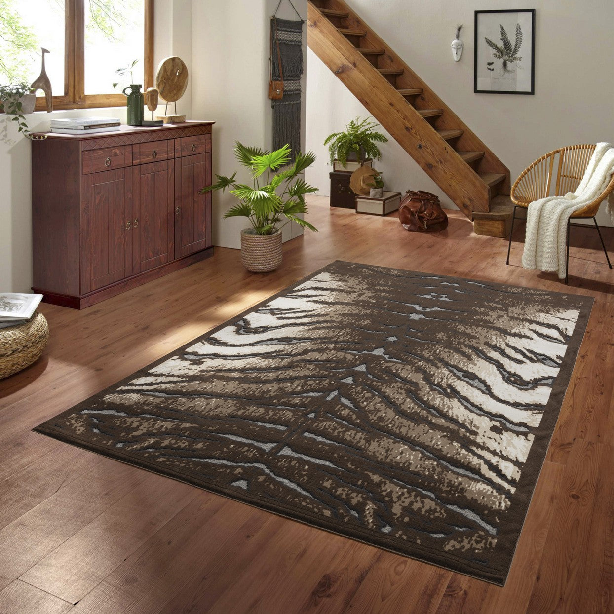 Rustic Brown &amp; Ivory Cowhide Area Rug - 7'10" x 10'3" | Realistic 3D Effect Polyester, Durable, Stain-Resistant | Farmhouse, Lodge Decor | Made in Turkey