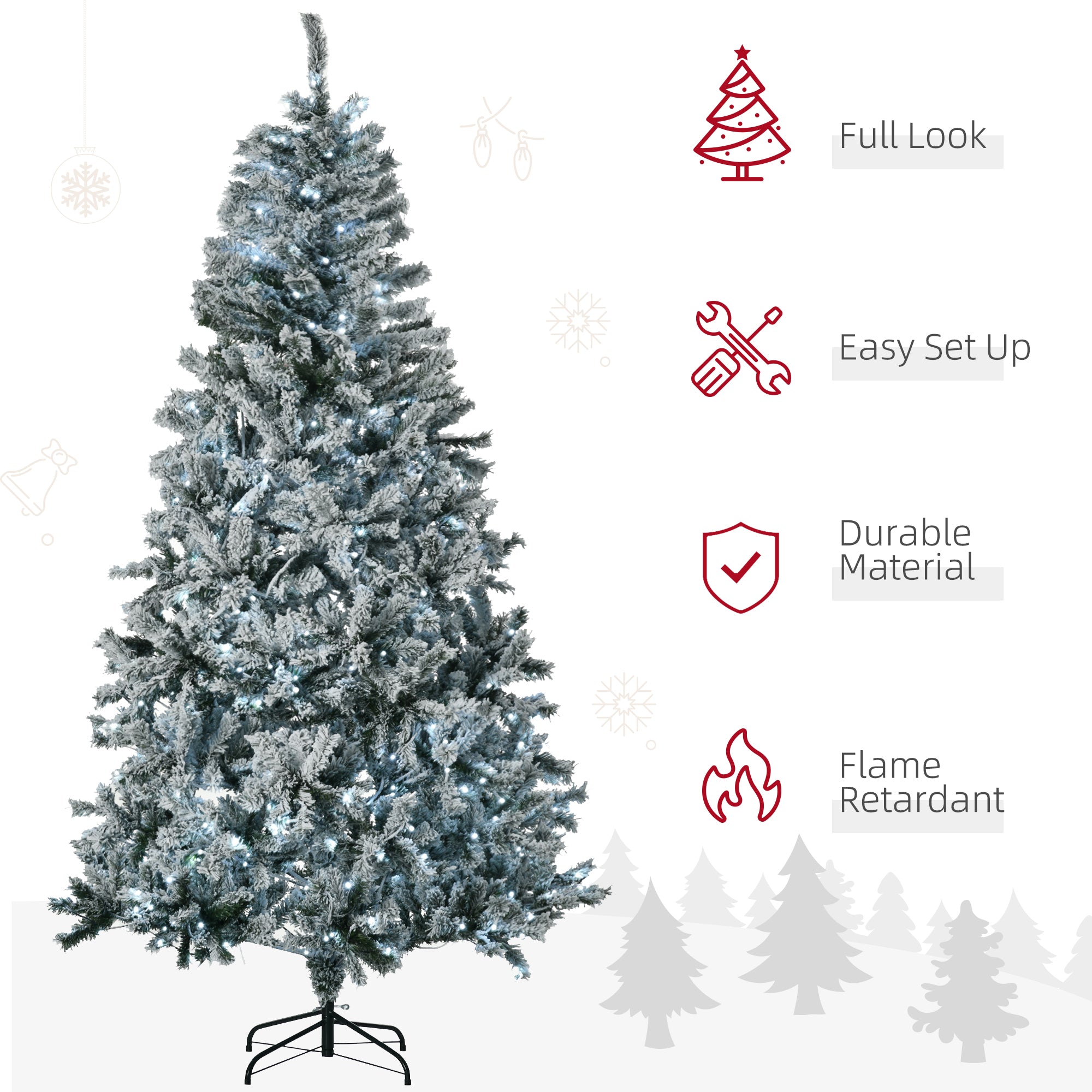 HOMCOM 7.5' Flocked Artificial Christmas Tree | Auto-Open Design, 500 Warm White LED Lights | Realistic Snowy Branches, Flame-Retardant Plastic | Perfect for Home Holiday Decor