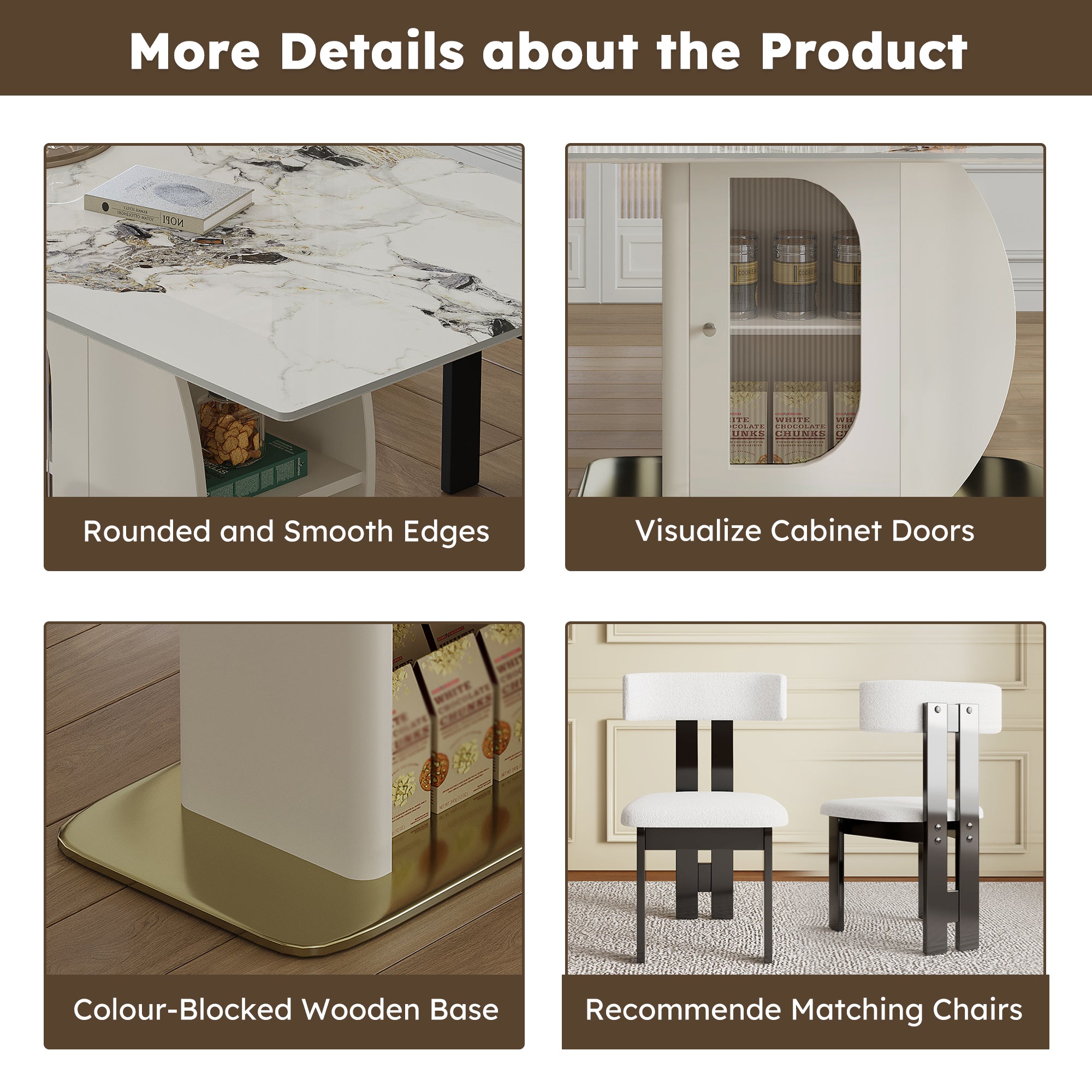 63" Modern Dining Table Set for 4-6, White Velvet Chairs, Burnt Stone Top, Gold Solid Wood Base, Storage Cabinet, Kitchen & Apartment Furniture