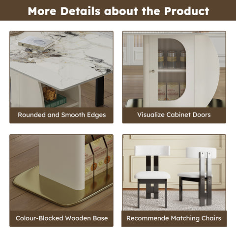 63" Modern Dining Table Set for 4-6, White Velvet Chairs, Burnt Stone Top, Gold Solid Wood Base, Storage Cabinet, Kitchen & Apartment Furniture