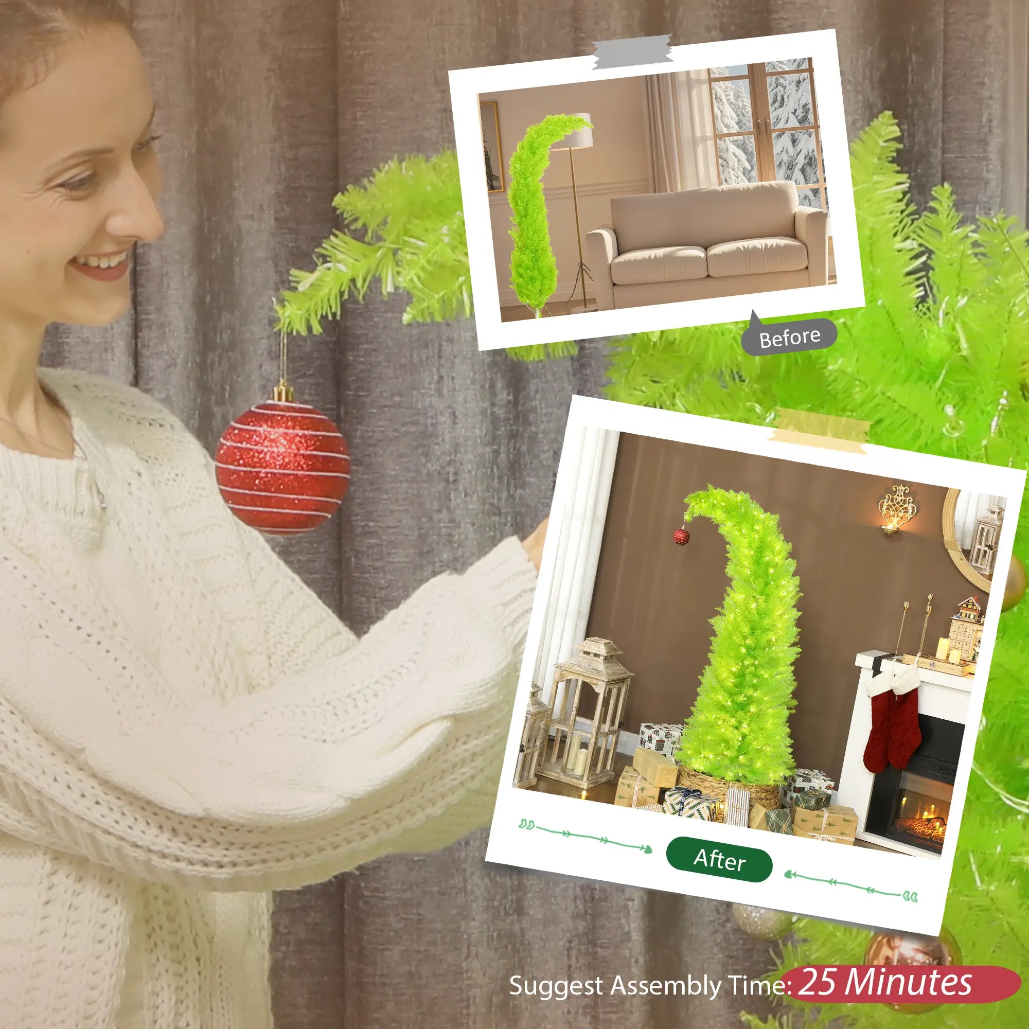 5ft Green Pencil Christmas Tree with Red Ball Top, 200 Warm White LEDs, 438 Tips, Metal Base - Perfect for Small Spaces, Living Rooms, Entryways, Festive Holiday Decor