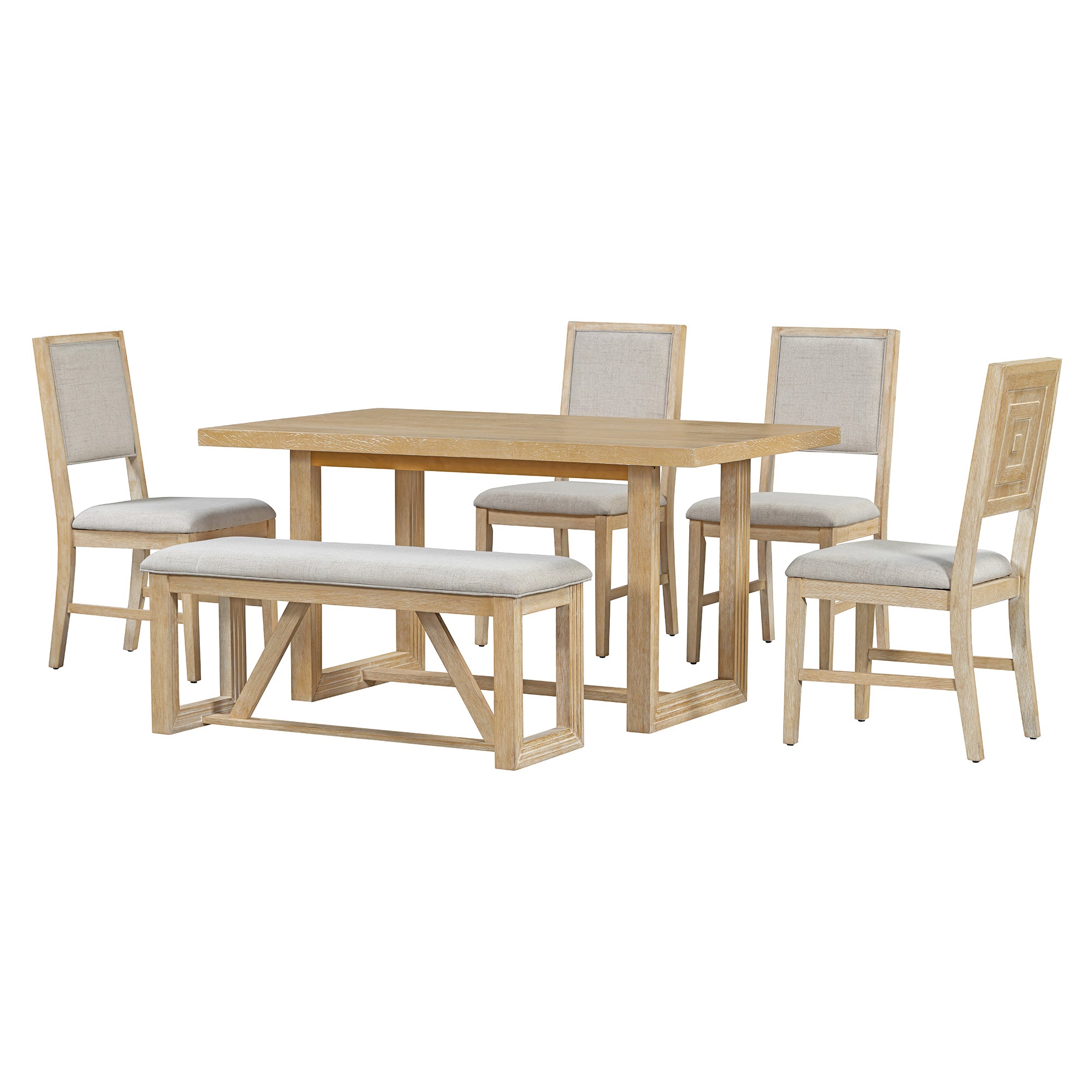 TREXM 6-Piece Retro Dining Table Set for 6, 60" Oak Veneer Wood Kitchen Table & 4 Chairs with Upholstered Bench, Natural Finish, Dining Room & Kitchen Use, Durable Rubberwood Legs