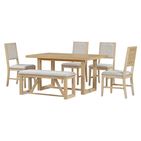 TREXM 6-Piece Retro Dining Table Set for 6, 60" Oak Veneer Wood Kitchen Table & 4 Chairs with Upholstered Bench, Natural Finish, Dining Room & Kitchen Use, Durable Rubberwood Legs