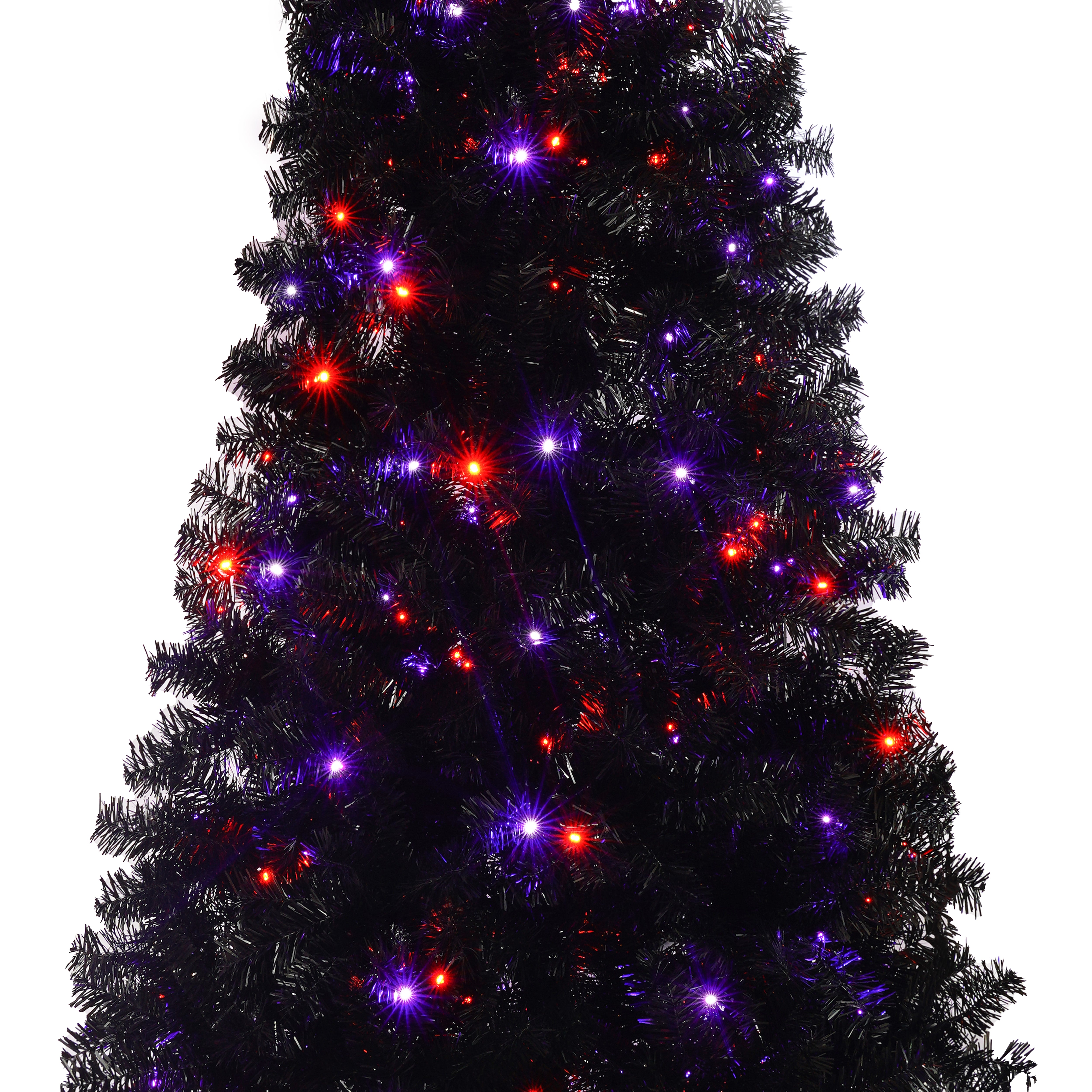 6ft Black Artificial Christmas Tree with LED Lights: Whimsical Hat-Shaped, 900 PET Tips, 250 Orange/Purple Lights, Hinged Branches, Metal Stand for Indoor Holiday Decor