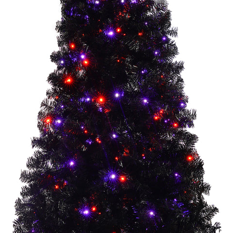 6ft Black Artificial Christmas Tree with LED Lights: Whimsical Hat-Shaped, 900 PET Tips, 250 Orange/Purple Lights, Hinged Branches, Metal Stand for Indoor Holiday Decor