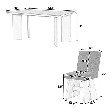 TOPMAX 7-Piece Solid Rubberwood Dining Set: 63.4" Natural Table &amp; 6 Upholstered Beige Chairs for Dining Rooms, Space-Saving Tuck-Away Design, Seats 6, Modern Farmhouse Style