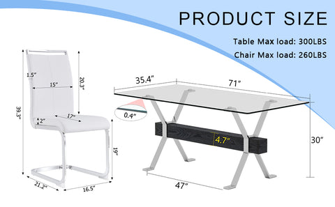 Elegant Transparent Tempered Glass Dining Set with 6 White PU Chairs - 71"x35.4" Modern Kitchen &amp; Dining Room Furniture for 4-8 People, Silver Legs, Minimalist Design