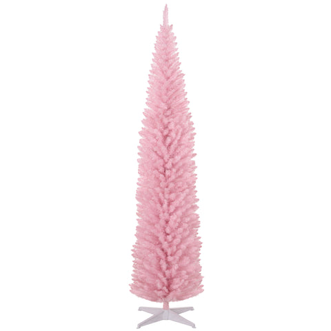 HOMCOM 8ft Pink Artificial Pencil Christmas Tree | Slim Xmas Tree with 618 Realistic Branch Tips & Plastic Stand | Flame Retardant for Home Decor