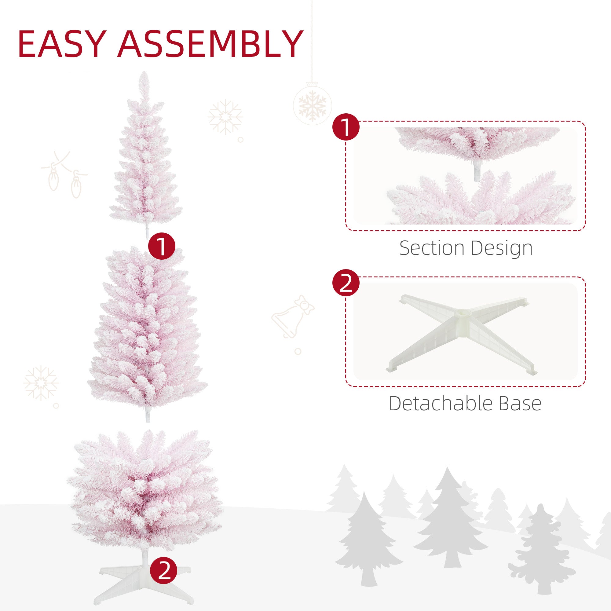 HOMCOM 6ft Pink Snow Flocked Artificial Pencil Christmas Tree - Slim, Realistic Plastic Branches, Flame-Retardant, Easy Assembly &amp; Storage for Festive Indoor Decor