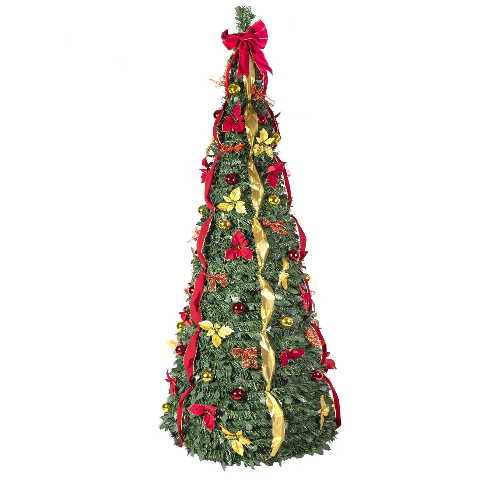 6FT Pop-Up Christmas Tree: Pre-Lit Warm White UL Lights &amp; Fully Decorated Red/Gold Ornaments, Ribbons, Flowers. Easy Instant Setup, Collapsible PVC for Small Spaces &amp; Apartments. Festive Holiday Decor.