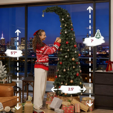 7ft Slim High Mountain Fir Christmas Tree | Unique Bent Top Santa Hat Design | 300 Warm White LEDs, 8 Modes | 777 Tips, Full Green Appearance | Metal Stand | Indoor Home Decor