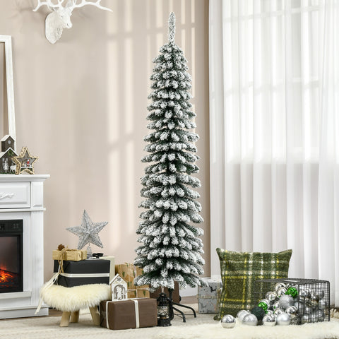 HOMCOM 6ft Slim Pencil Artificial Christmas Tree, Unlit Snow Flocked Green Xmas Tree with 395 Realistic Tips, Plastic, for Home &amp; Office Holiday Decor