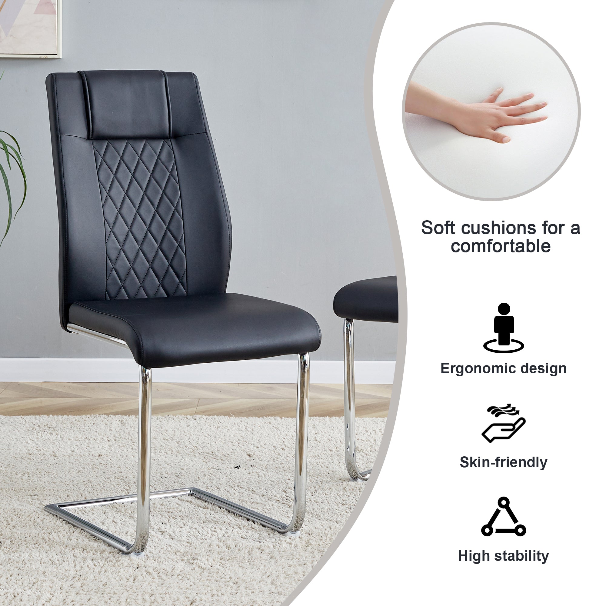 Modern Minimalist Dining Table & Chair Set | Imitation Marble Glass Top | Stainless Steel Legs | Comfortable PU Seats | Ideal for Dining Room, Kitchen, Parties | Easy Assembly | Silver | DT-69