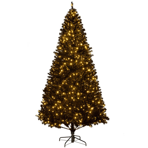 7.5 FT Tall Black Artificial Christmas Tree with 500 Warm White LED Lights &amp; 1346 Full Branch Tips - Easy Assemble Hinged Xmas Tree with Metal Base for Indoor Holiday Decor