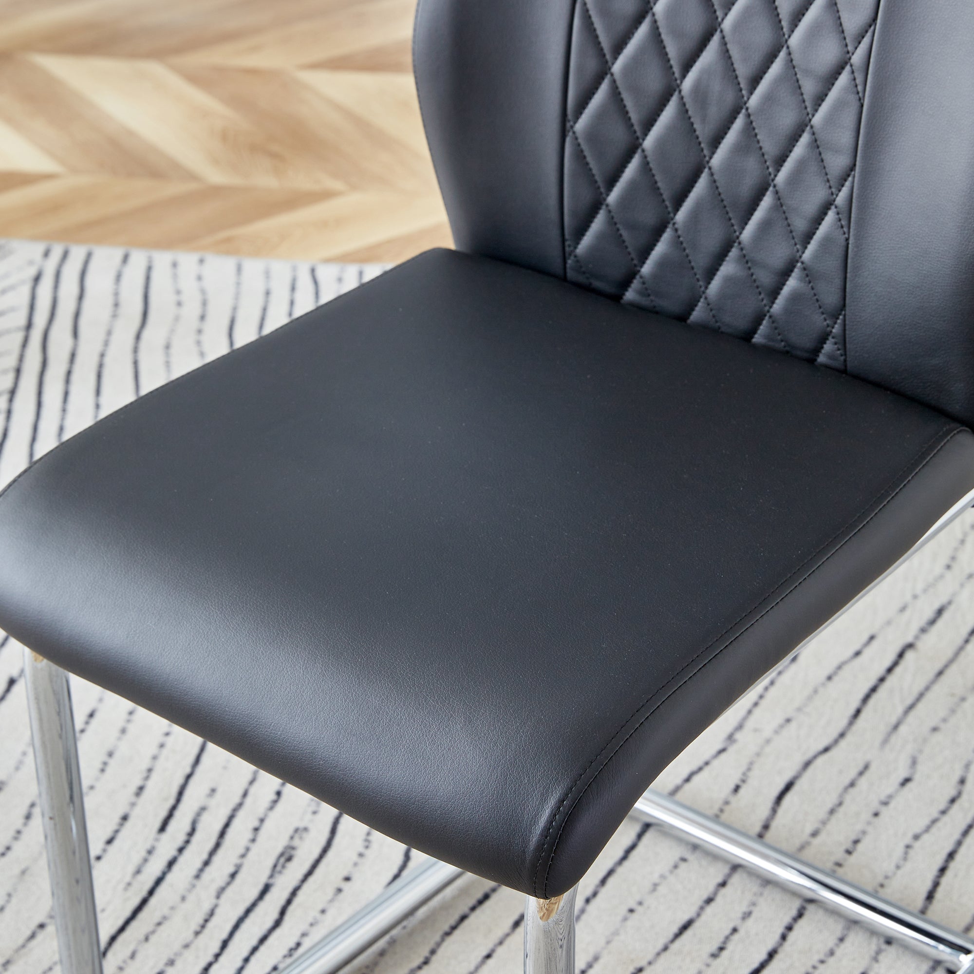 55" Cream-Style White MDF Dining Table Set with 6 Black PU Chairs & Silver Metal Legs - Modern Kitchen Furniture for Family Meals, Seats 6, Durable & Easy Assembly