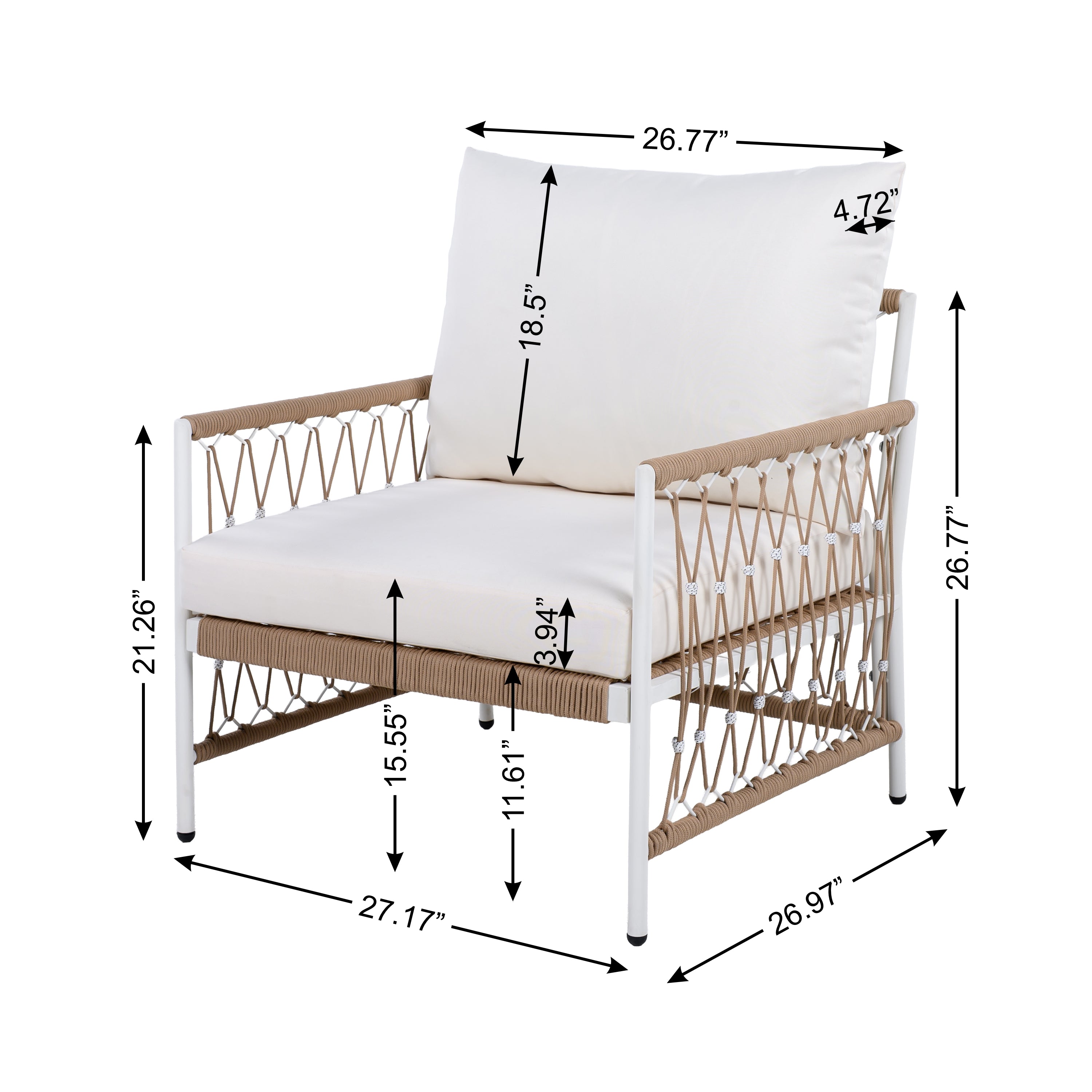 Boho 3-Piece Outdoor Furniture Set: 2 Lounge Chairs & Glass Side Table | Handwoven Rope, Powder-Coated Steel | Waterproof Cushions | Patio, Garden, Poolside Relaxation