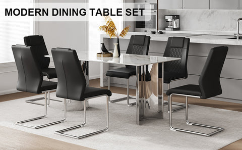 Modern Minimalist Dining Table & Chair Set | Imitation Marble Glass Top | Stainless Steel Legs | Comfortable PU Seats | Ideal for Dining Room, Kitchen, Parties | Easy Assembly | Silver | DT-69