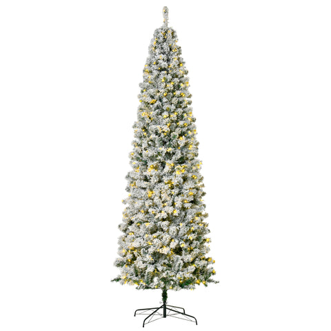 HOMCOM 9ft Snow-Flocked Slim Douglas Fir Artificial Christmas Tree, 550 Warm White LED Lights, 988 Realistic PVC Tips, Hinged Design, Sturdy Steel Base for Indoor Holiday Decor