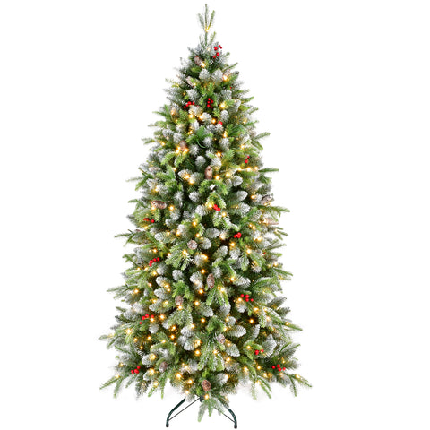 6ft Frosted Green Artificial Christmas Tree | 380 Warm White LED Lights | 1264 Lush Tips | Red Berries &amp; Pinecones | Sturdy Metal Stand | Indoor Holiday Decor