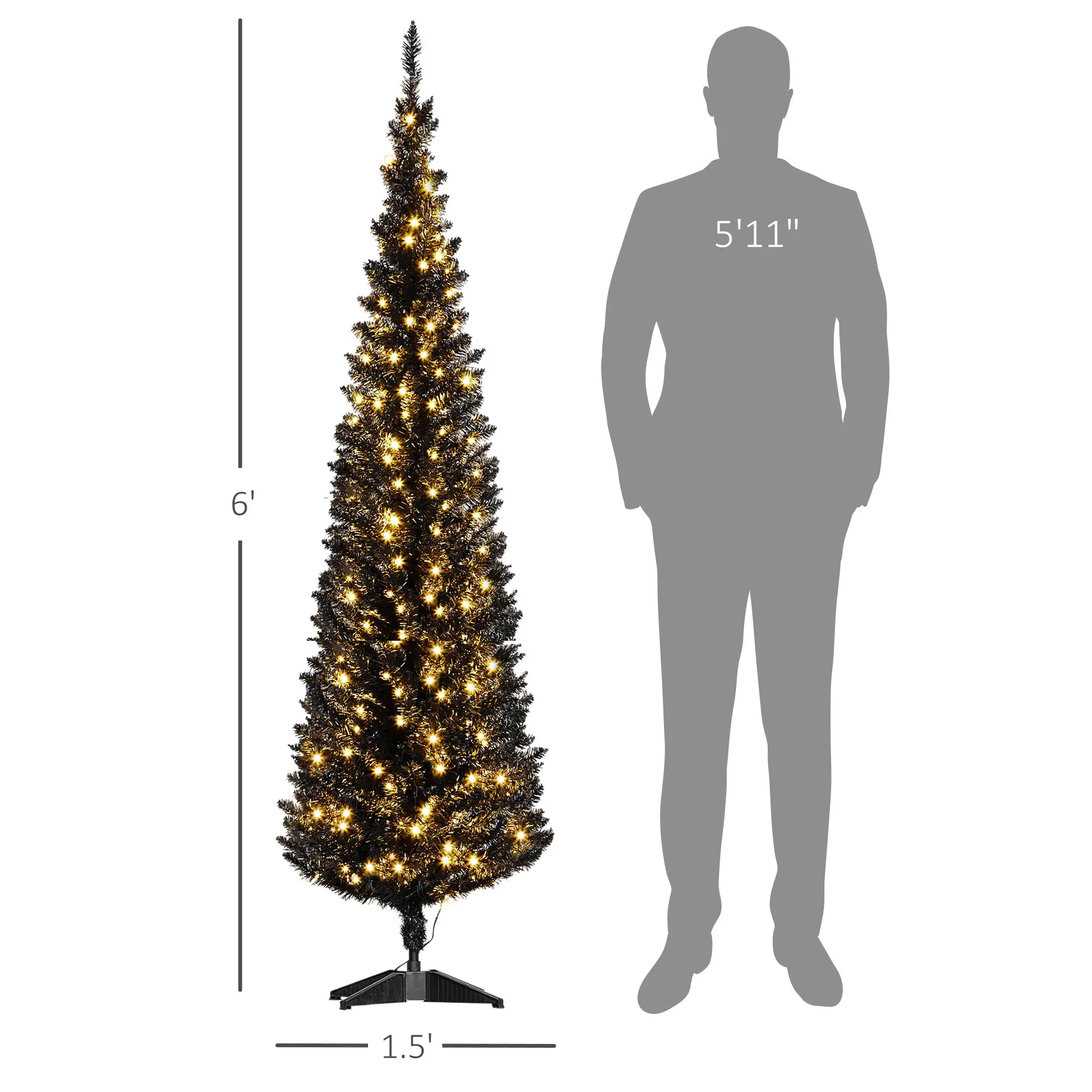 Black 6FT Pencil Christmas Tree with Warm White LED Lights, Slim Artificial Xmas Tree for Small Spaces, Flame Retardant, Easy Setup, Realistic &amp; Lush, Home Decor