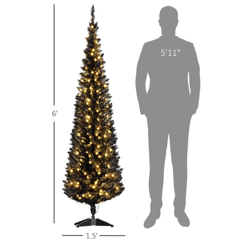 Black 6FT Pencil Christmas Tree with Warm White LED Lights, Slim Artificial Xmas Tree for Small Spaces, Flame Retardant, Easy Setup, Realistic &amp; Lush, Home Decor