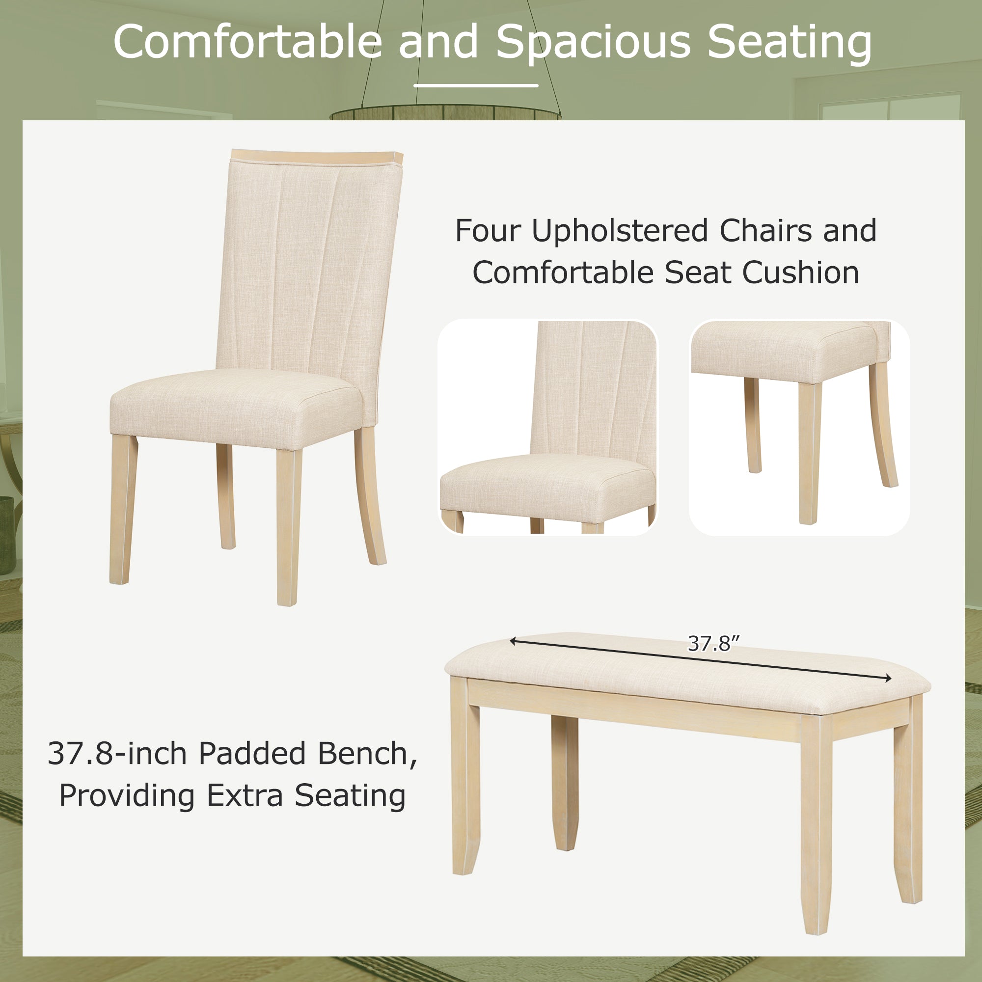 TOPMAX 6-Piece Natural Rubberwood Dining Set: 78" Extendable Pedestal Table w/ 18" Leaf, 4 Upholstered Chairs &amp; Bench for Dining Room, Seats 6