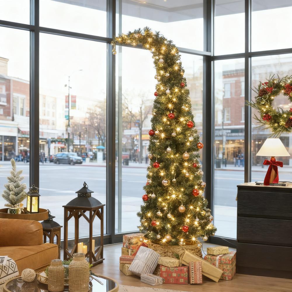 7ft Slim High Mountain Fir Christmas Tree | Unique Bent Top Santa Hat Design | 300 Warm White LEDs, 8 Modes | 777 Tips, Full Green Appearance | Metal Stand | Indoor Home Decor