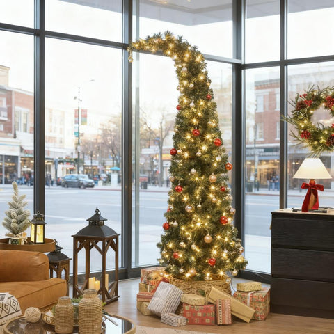 7ft Slim High Mountain Fir Christmas Tree | Unique Bent Top Santa Hat Design | 300 Warm White LEDs, 8 Modes | 777 Tips, Full Green Appearance | Metal Stand | Indoor Home Decor