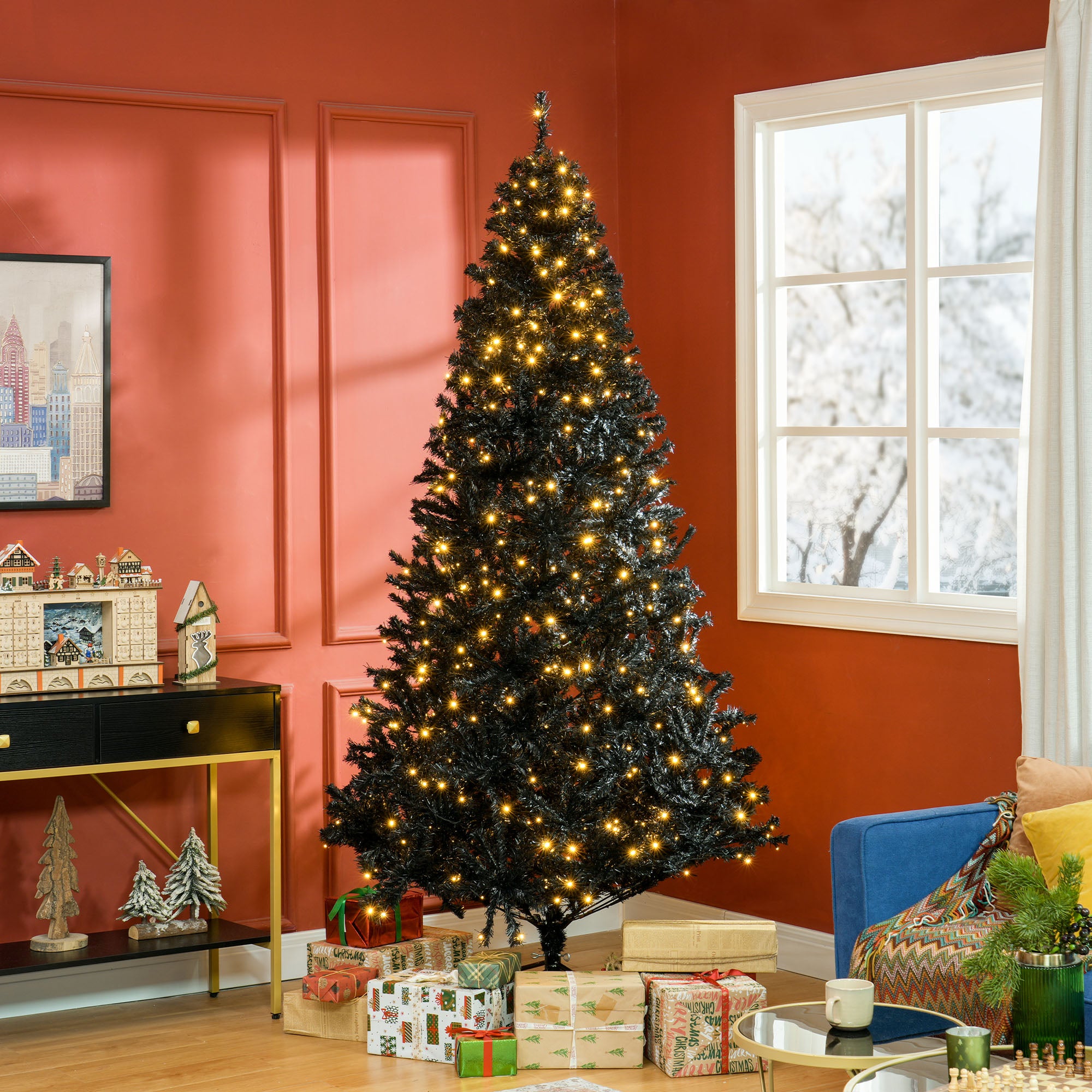 HOMCOM 7.5' Black Douglas Fir Artificial Christmas Tree | 500 Warm White LED Lights | 1346 Realistic Tips | Hinged Branches | Metal Base | Holiday Decor for Home &amp; Indoor Use