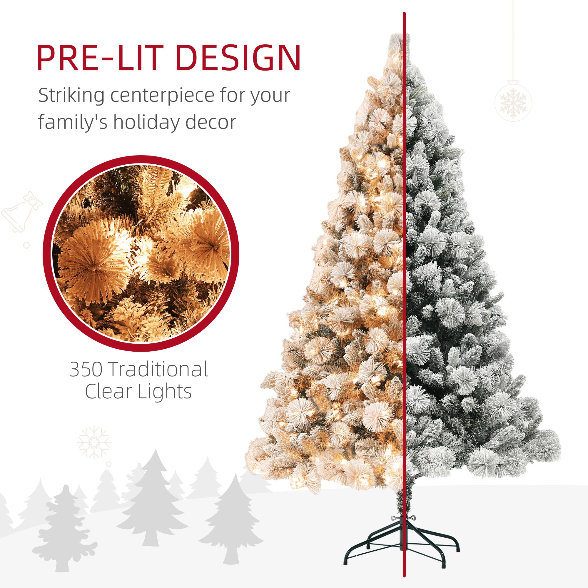 HOMCOM 6.5ft Snow Flocked Artificial Christmas Tree | 350 Clear Lights, 1107 Tips | Hinged, Easy Setup, Metal Stand | Green, Indoor Holiday Decor for Home & Office