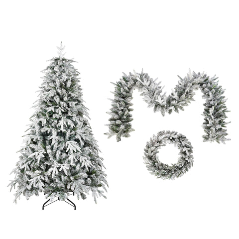 Snow Flocked Christmas Wreath, Garland & 6ft Tree 3-Pack Decor Set | Warm White LED Lights | 900-Tip PVC/PE Tree | Indoor/Covered Outdoor Use | Festive Winter Wonderland Ambiance