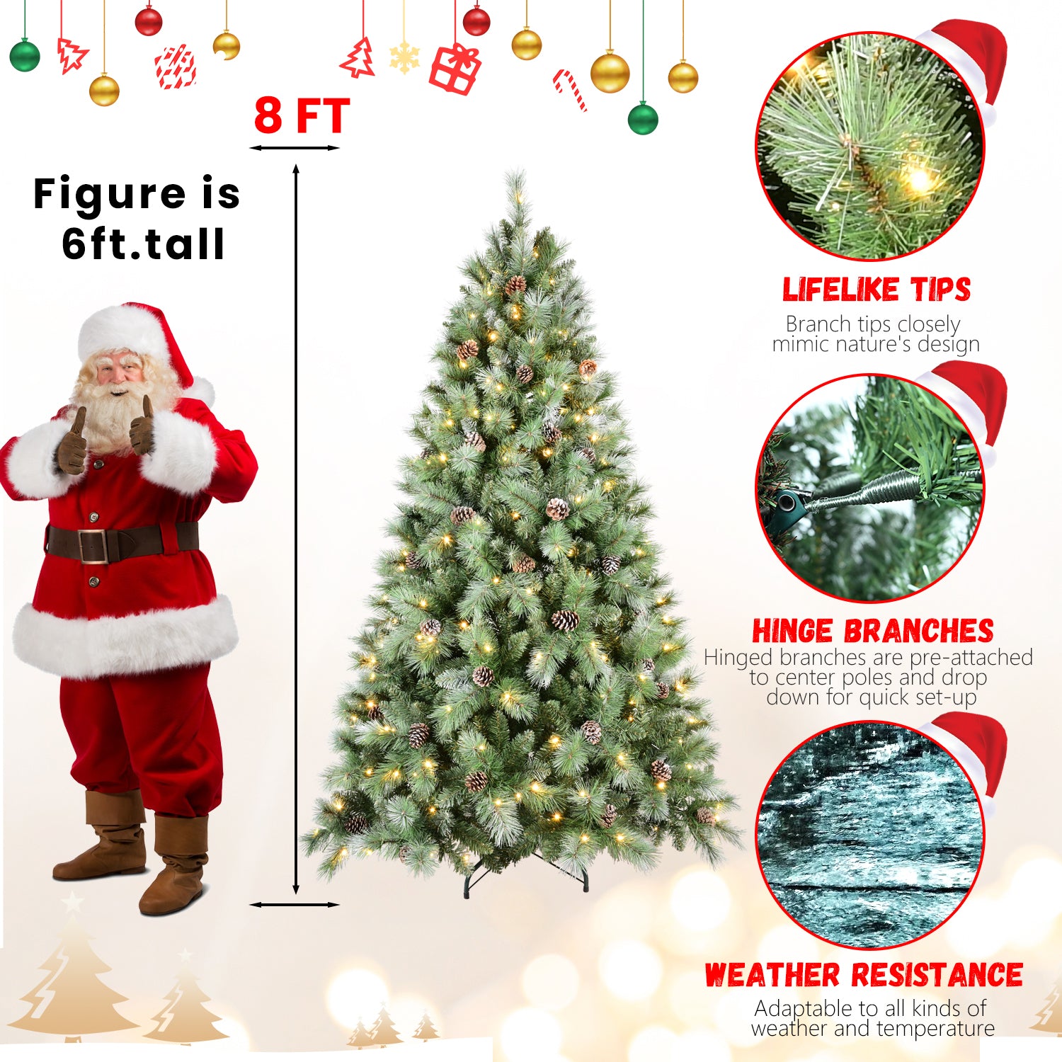 7FT Full Realistic Christmas Tree | 1348 PVC & Hard Needle Tips, 82 Pine Cones | 400 Warm White LED Lights | Hinged Branches | Sturdy Metal Stand | Lush Green Holiday Decor