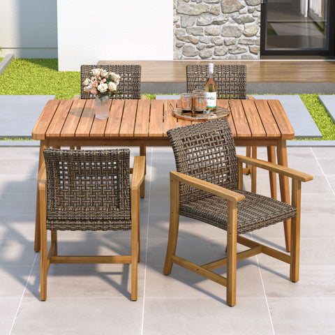 5-Piece Outdoor Patio Dining Set: 63" Acacia Wood Slatted Table & 4 Mix Mocha PE Rattan Chairs with Teak Wood Frames – Durable, Stylish & Easy Assembly for Garden & Backyard Gatherings